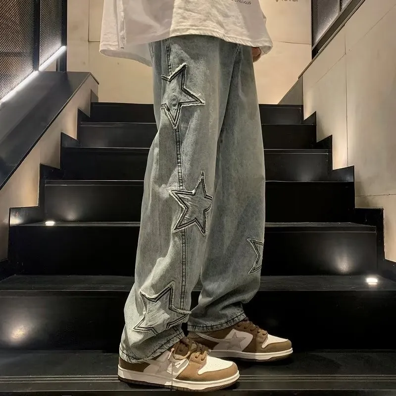 Men's Straight Leg Denim Pants - Loose Fit Wide Leg Jeans for Autumn/Winter Fashion, American High Street Style - Image 1
