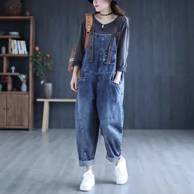 Plus Size Women's Denim Overalls - Retro Loose Harem Jeans for Spring/Autumn 2024, Casual & Comfortable Fit thumbnail 4