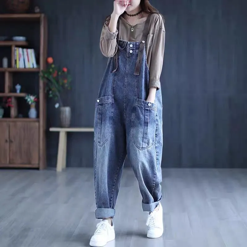 Plus Size Women's Denim Overalls - Retro Loose Harem Jeans for Spring/Autumn 2024, Casual & Comfortable Fit thumbnail 3
