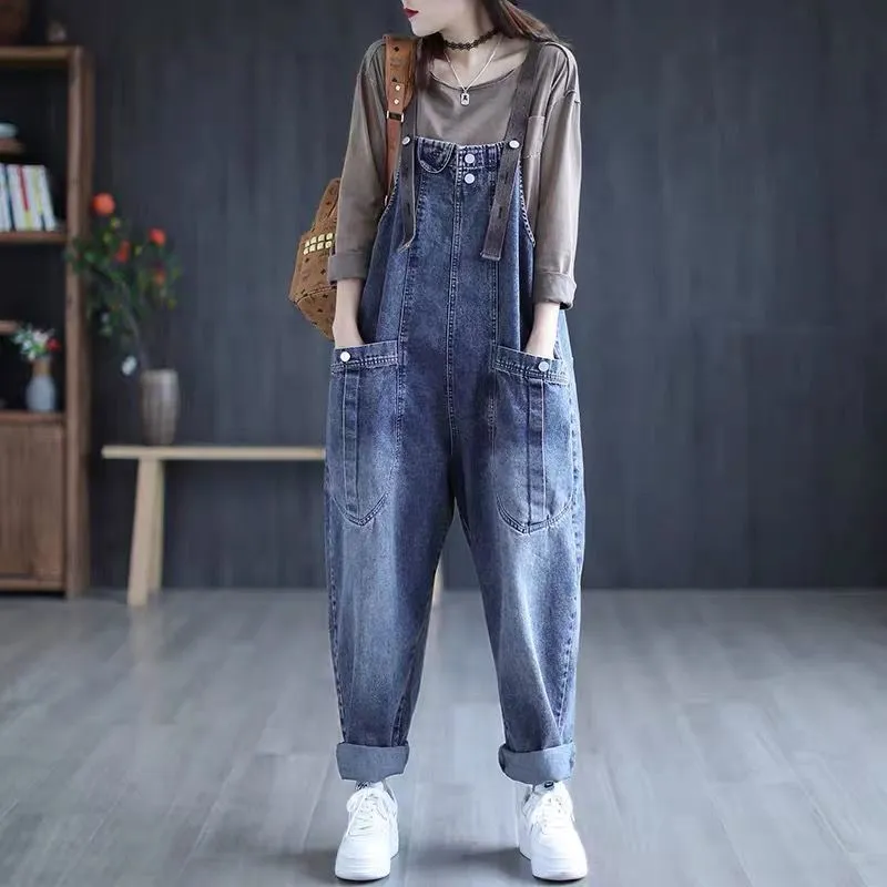 Plus Size Women's Denim Overalls - Retro Loose Harem Jeans for Spring/Autumn 2024, Casual & Comfortable Fit thumbnail 1