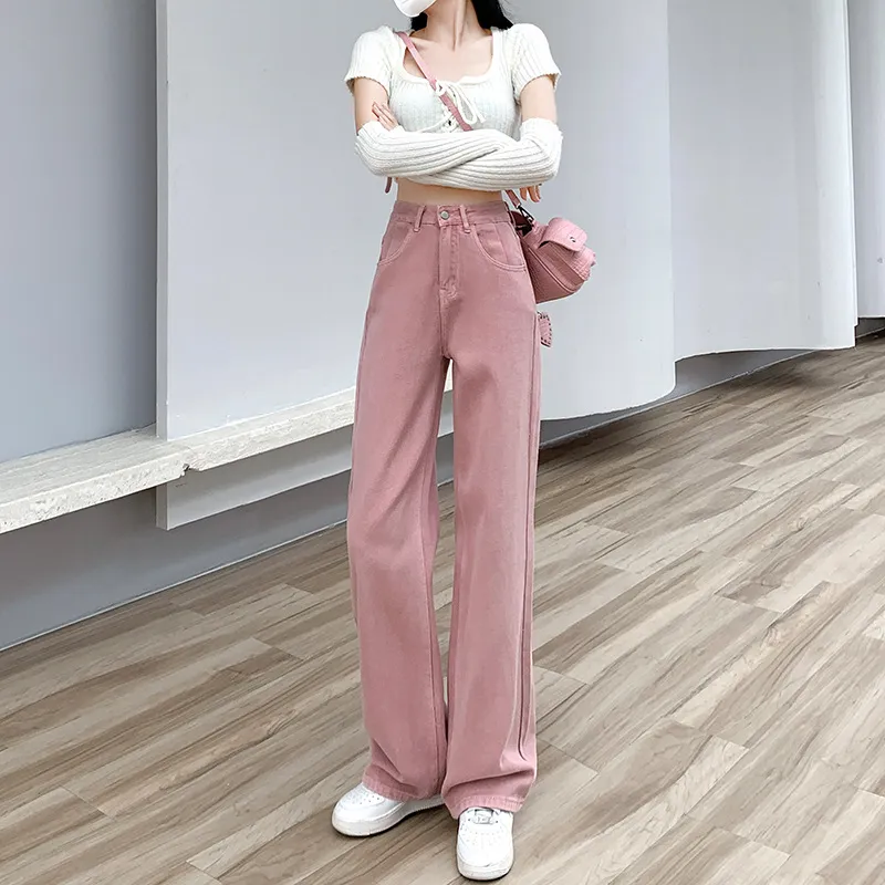 Women's Dirty Pink Wide Leg Jeans - High Waist Slimming Loose Straight Leg Pants for Spring, Autumn, and Summer Fashion thumbnail 4