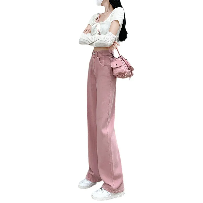 Women's Dirty Pink Wide Leg Jeans - High Waist Slimming Loose Straight Leg Pants for Spring, Autumn, and Summer Fashion thumbnail 5