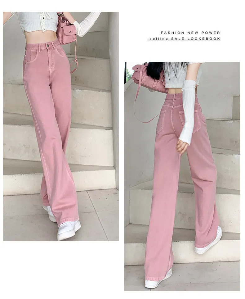 Women's Dirty Pink Wide Leg Jeans - High Waist Slimming Loose Straight Leg Pants for Spring, Autumn, and Summer Fashion showcase 20