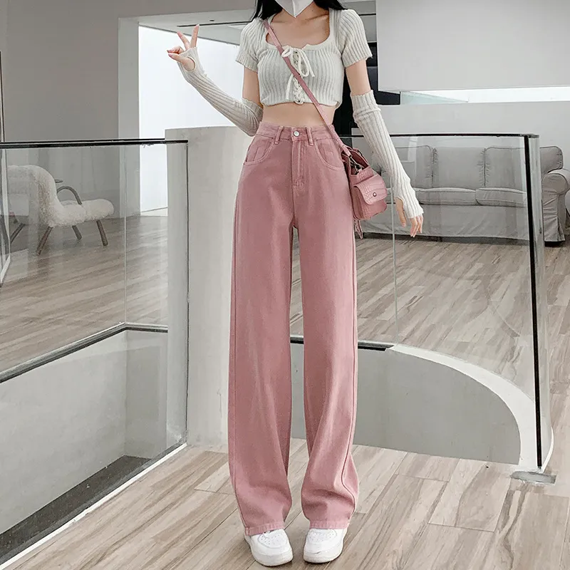 Women's Dirty Pink Wide Leg Jeans - High Waist Slimming Loose Straight Leg Pants for Spring, Autumn, and Summer Fashion thumbnail 2