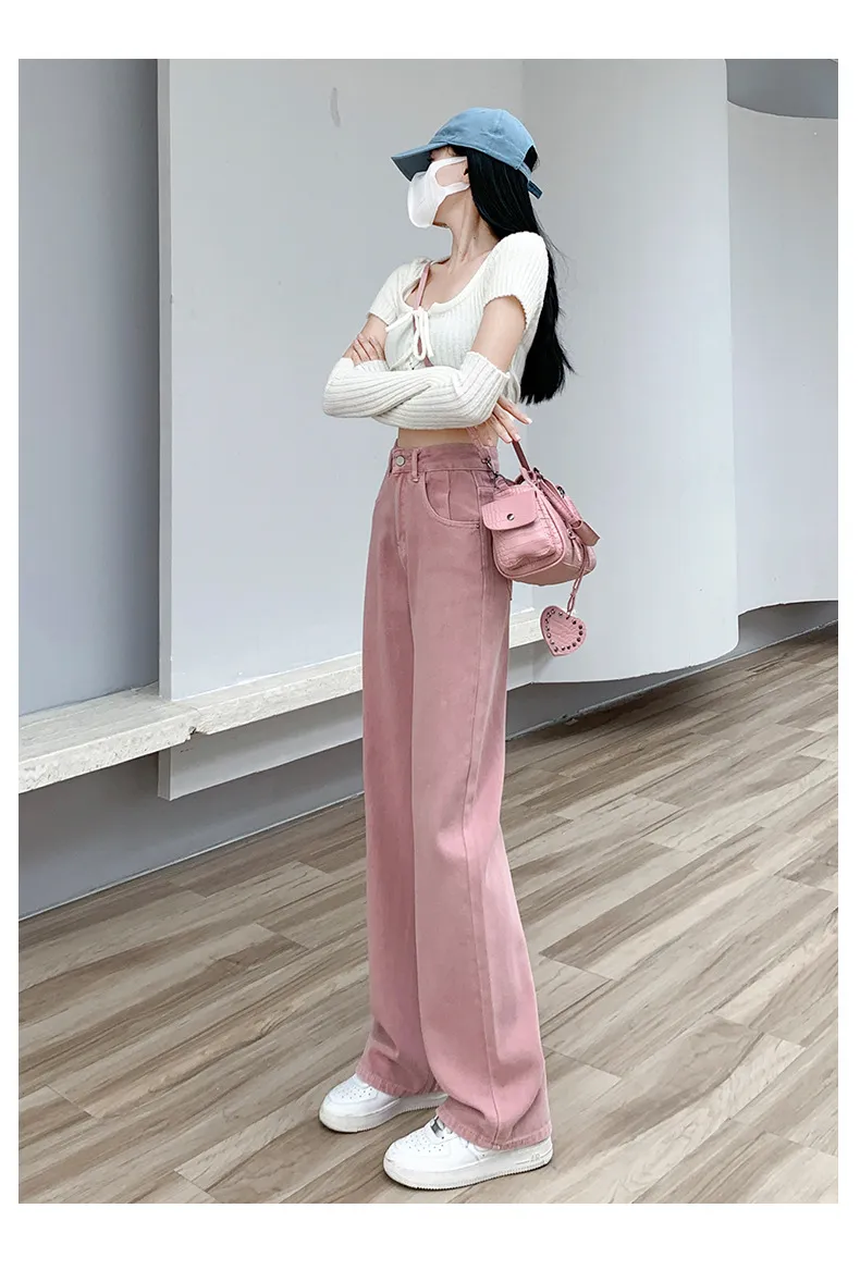 Women's Dirty Pink Wide Leg Jeans - High Waist Slimming Loose Straight Leg Pants for Spring, Autumn, and Summer Fashion showcase 18