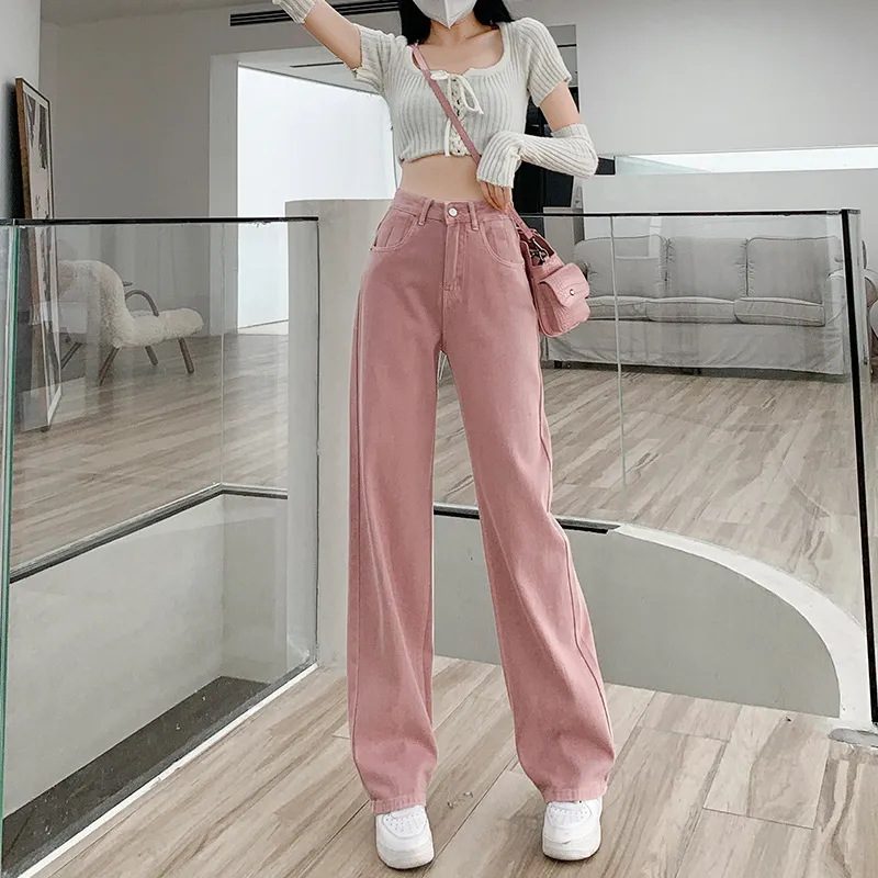 Women's Dirty Pink Wide Leg Jeans - High Waist Slimming Loose Straight Leg Pants for Spring, Autumn, and Summer Fashion thumbnail 3