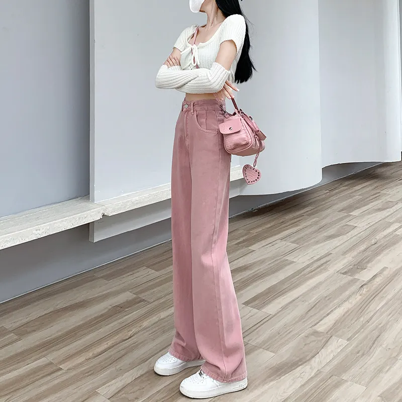 Women's Dirty Pink Wide Leg Jeans - High Waist Slimming Loose Straight Leg Pants for Spring, Autumn, and Summer Fashion thumbnail 1