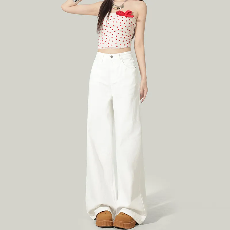 Vintage Hong Kong Style High Waist Wide Leg Jeans for Women - Loose Fit Straight Leg Denim Pants for a Chic Casual Look thumbnail 8