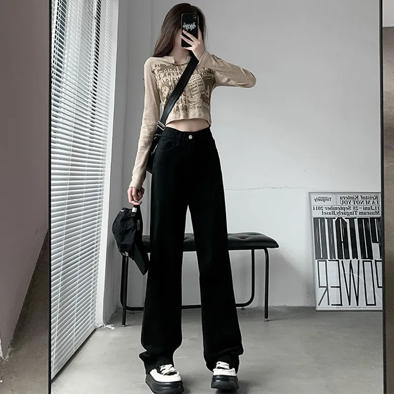 Vintage Hong Kong Style High Waist Wide Leg Jeans for Women - Loose Fit Straight Leg Denim Pants for a Chic Casual Look thumbnail 7
