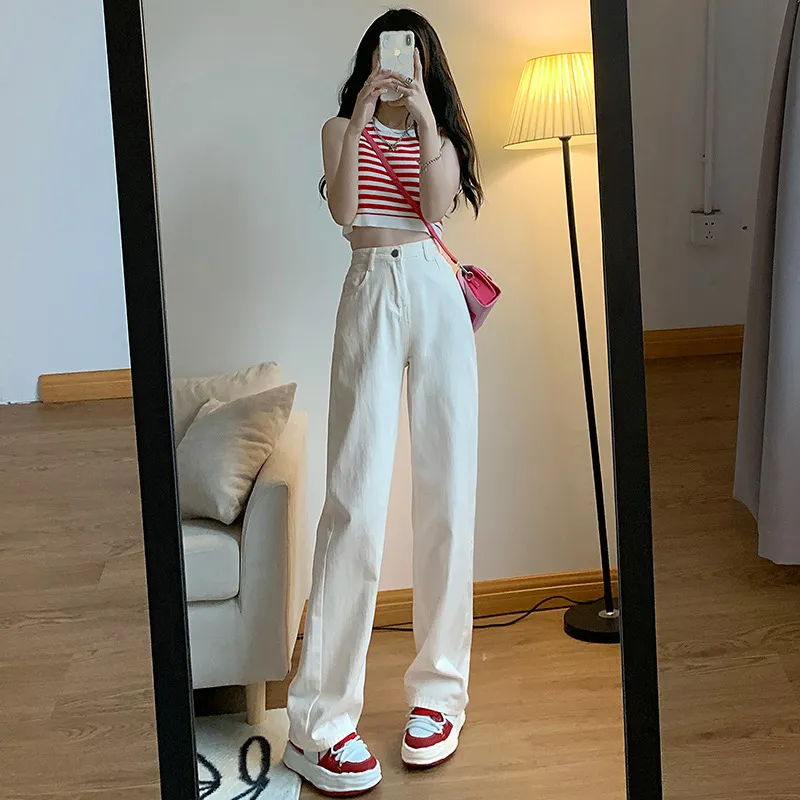 Vintage Hong Kong Style High Waist Wide Leg Jeans for Women - Loose Fit Straight Leg Denim Pants for a Chic Casual Look thumbnail 1