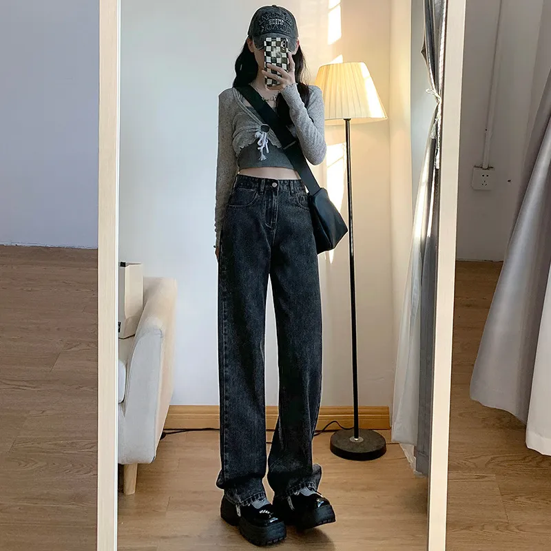 Vintage Hong Kong Style High Waist Wide Leg Jeans for Women - Loose Fit Straight Leg Denim Pants for a Chic Casual Look thumbnail 6