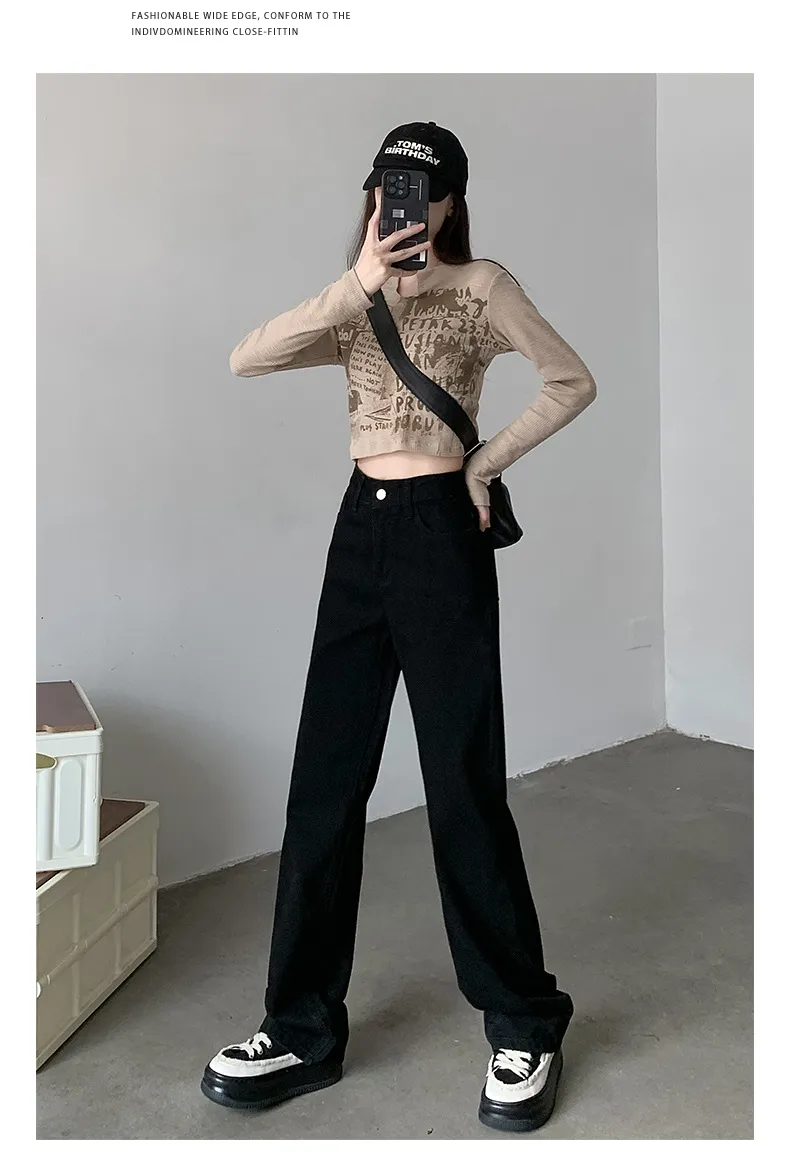 Vintage Hong Kong Style High Waist Wide Leg Jeans for Women - Loose Fit Straight Leg Denim Pants for a Chic Casual Look showcase 15