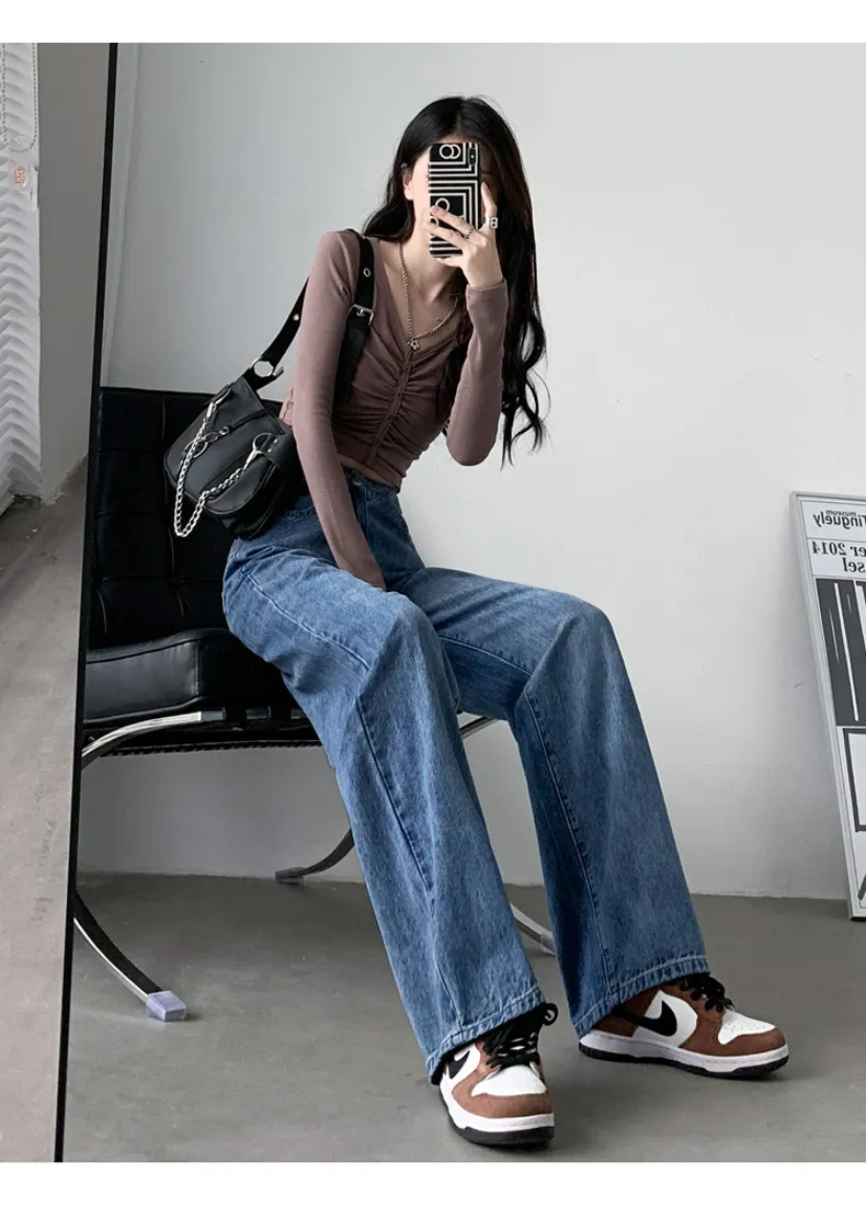 Vintage Hong Kong Style High Waist Wide Leg Jeans for Women - Loose Fit Straight Leg Denim Pants for a Chic Casual Look showcase 9