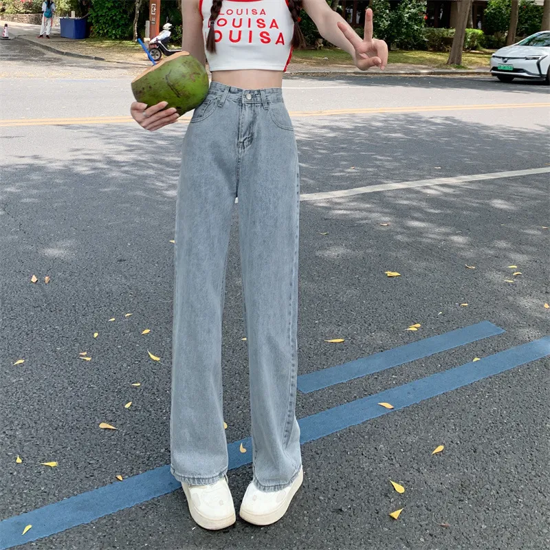Vintage Hong Kong Style High Waist Wide Leg Jeans for Women - Loose Fit Straight Leg Denim Pants for a Chic Casual Look thumbnail 9