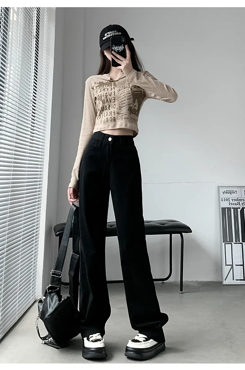 Vintage Hong Kong Style High Waist Wide Leg Jeans for Women - Loose Fit Straight Leg Denim Pants for a Chic Casual Look showcase 19