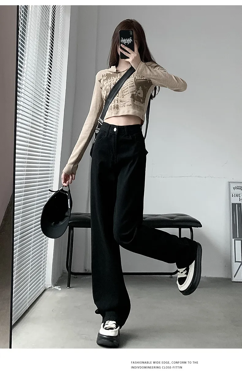 Vintage Hong Kong Style High Waist Wide Leg Jeans for Women - Loose Fit Straight Leg Denim Pants for a Chic Casual Look showcase 18