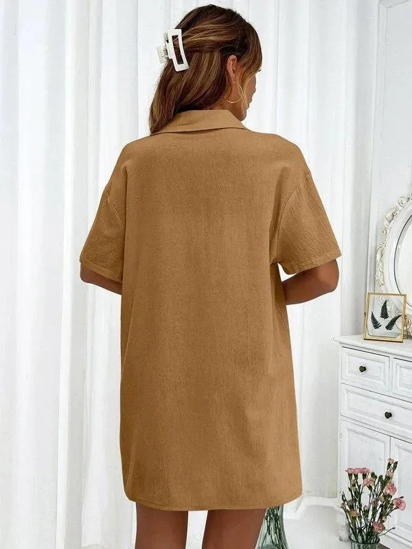 Women's Casual Loose Short-Sleeve Two-Piece Shirt and Shorts Set - Fashionable Solid Color Outfit for Summer showcase 9