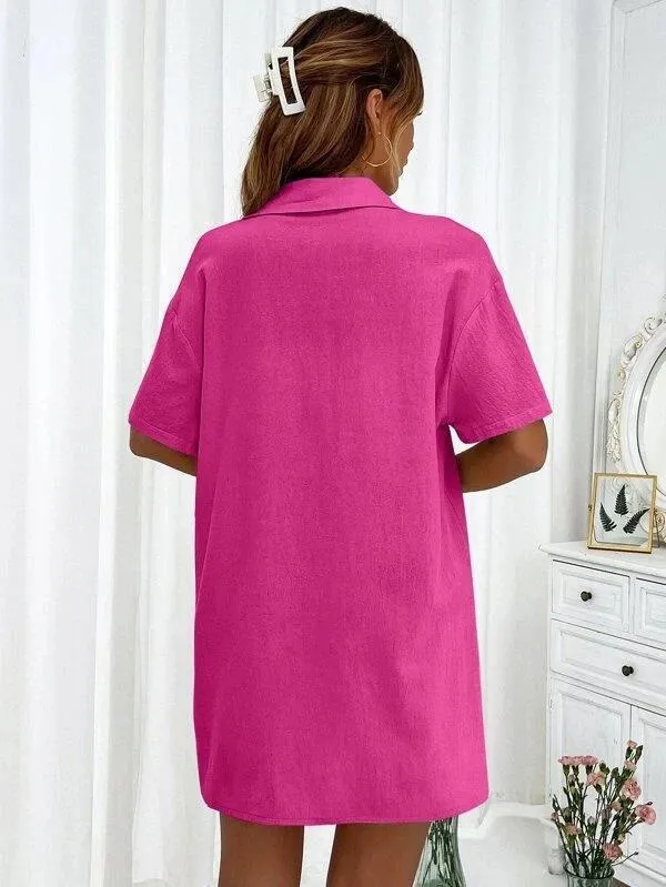 Women's Casual Loose Short-Sleeve Two-Piece Shirt and Shorts Set - Fashionable Solid Color Outfit for Summer showcase 19