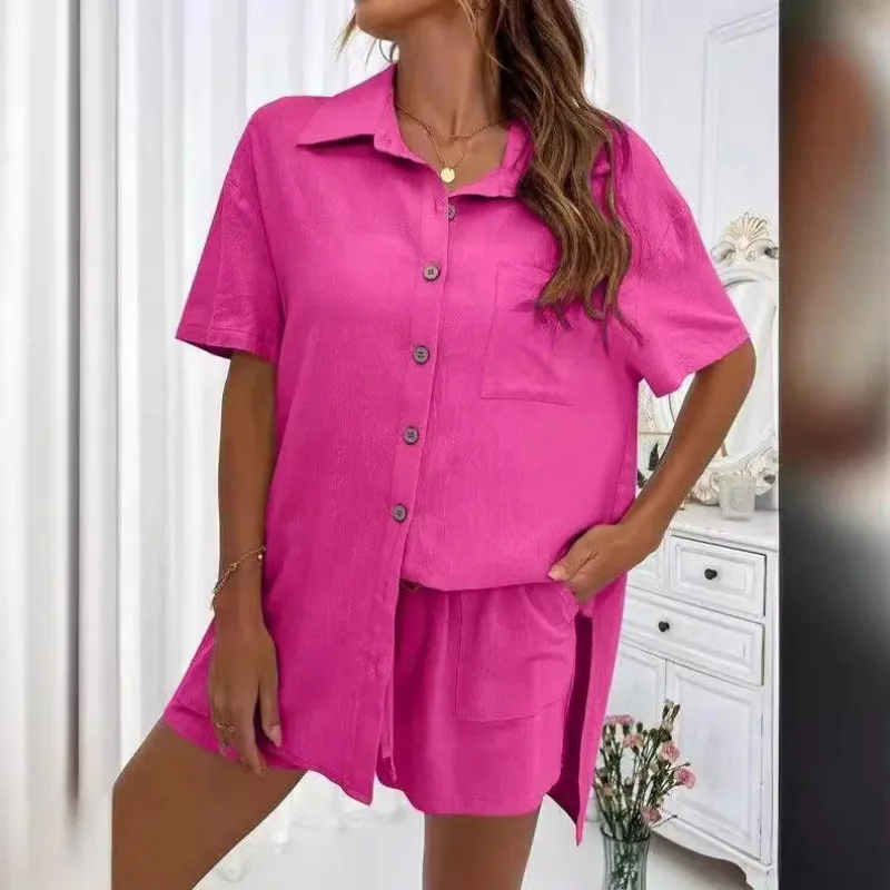Women's Casual Loose Short-Sleeve Two-Piece Shirt and Shorts Set - Fashionable Solid Color Outfit for Summer - Image 4