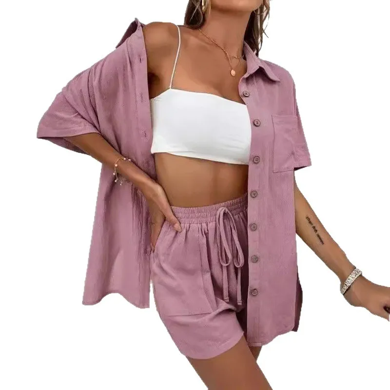 Women's Casual Loose Short-Sleeve Two-Piece Shirt and Shorts Set - Fashionable Solid Color Outfit for Summer - Image 5
