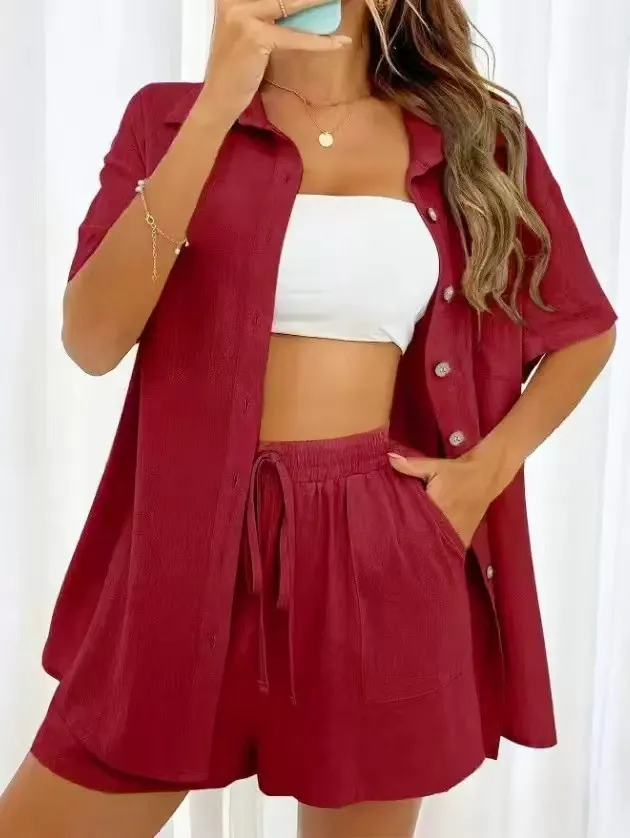 Women's Casual Loose Short-Sleeve Two-Piece Shirt and Shorts Set - Fashionable Solid Color Outfit for Summer - Image 9
