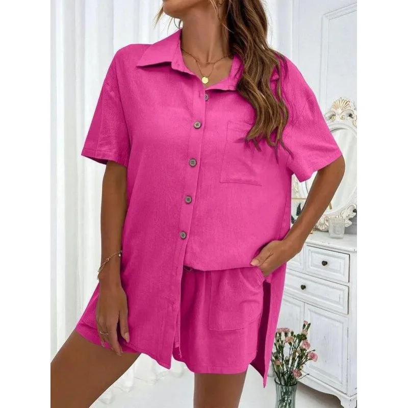 Women's Casual Loose Short-Sleeve Two-Piece Shirt and Shorts Set - Fashionable Solid Color Outfit for Summer - Image 10