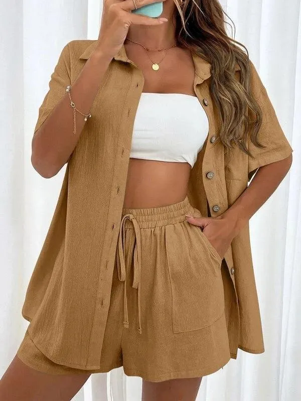 Women's Casual Loose Short-Sleeve Two-Piece Shirt and Shorts Set - Fashionable Solid Color Outfit for Summer showcase 7