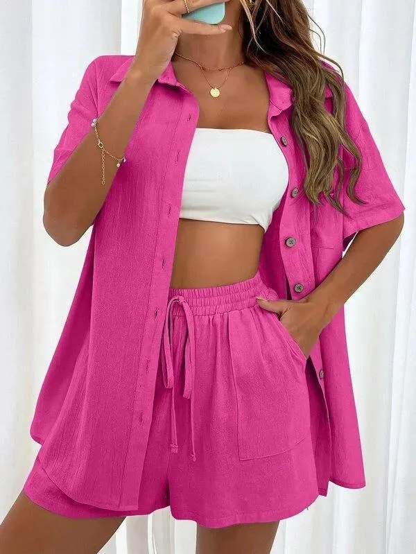 Women's Casual Loose Short-Sleeve Two-Piece Shirt and Shorts Set - Fashionable Solid Color Outfit for Summer showcase 16