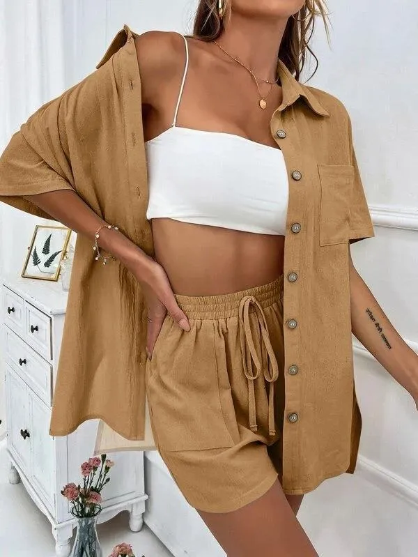 Women's Casual Loose Short-Sleeve Two-Piece Shirt and Shorts Set - Fashionable Solid Color Outfit for Summer showcase 10