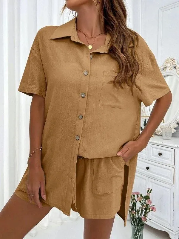 Women's Casual Loose Short-Sleeve Two-Piece Shirt and Shorts Set - Fashionable Solid Color Outfit for Summer showcase 5