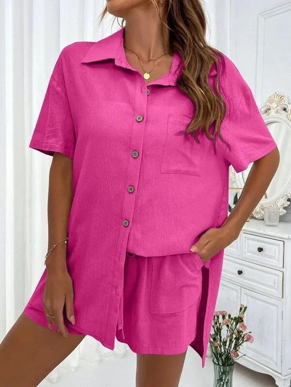 Women's Casual Loose Short-Sleeve Two-Piece Shirt and Shorts Set - Fashionable Solid Color Outfit for Summer showcase 18