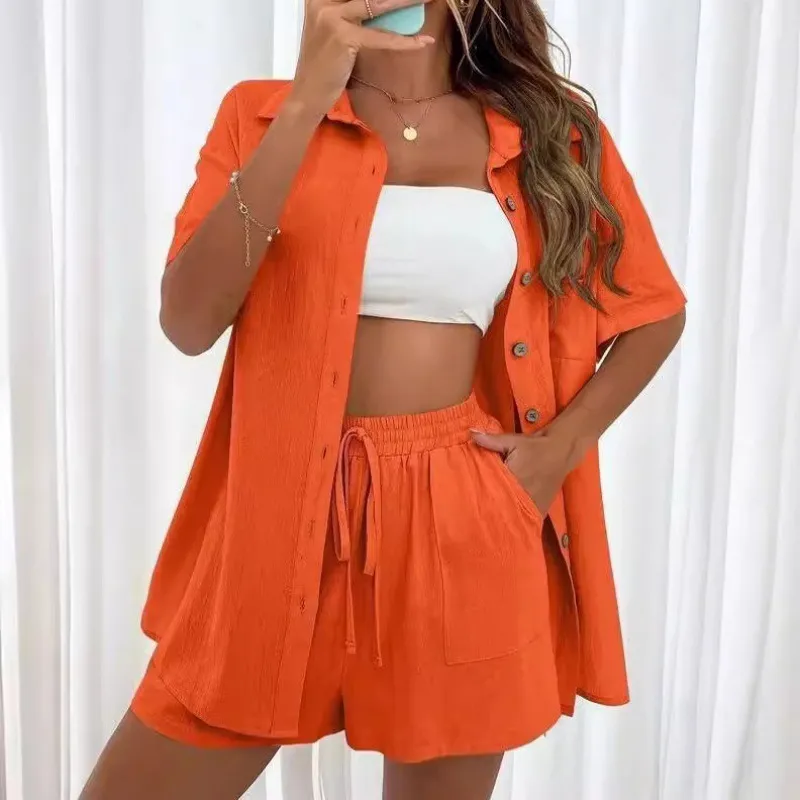 Women's Casual Loose Short-Sleeve Two-Piece Shirt and Shorts Set - Fashionable Solid Color Outfit for Summer - Image 1