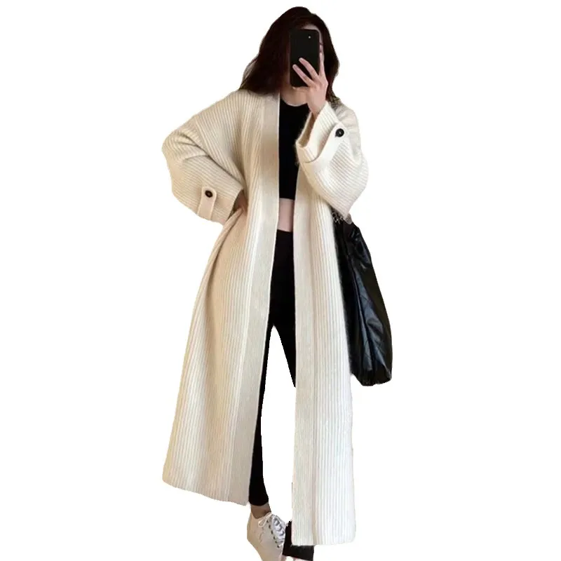 Women's V-Neck Knitted Cardigan Sweater Jacket - Soft, Skin-Friendly, Loose Fit, Knee-Length Lazy Style for Autumn thumbnail 5