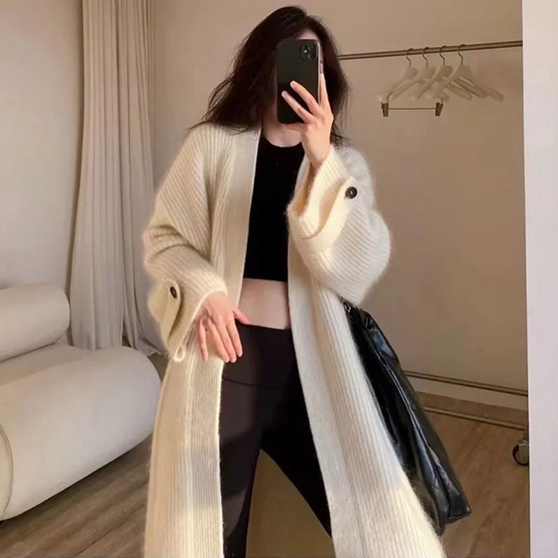 Women's V-Neck Knitted Cardigan Sweater Jacket - Soft, Skin-Friendly, Loose Fit, Knee-Length Lazy Style for Autumn thumbnail 3