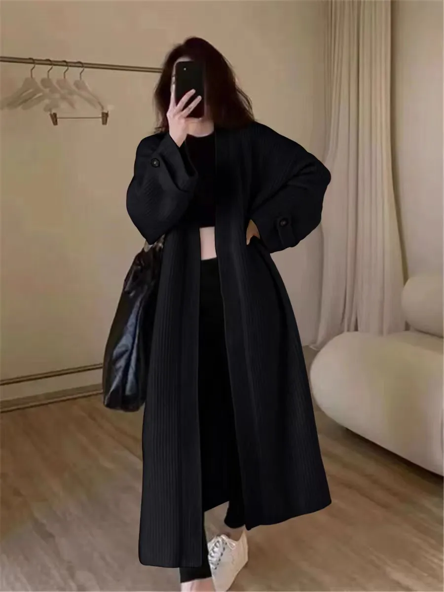 Women's V-Neck Knitted Cardigan Sweater Jacket - Soft, Skin-Friendly, Loose Fit, Knee-Length Lazy Style for Autumn thumbnail 7