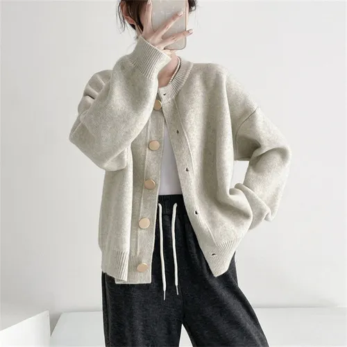 Women's V-Neck Knitted Cardigan Sweater Jacket - Soft, Skin-Friendly, Loose Fit, Knee-Length Lazy Style for Autumn showcase 3