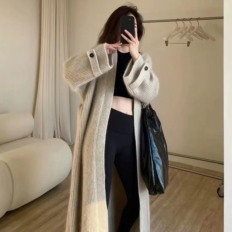 Women's V-Neck Knitted Cardigan Sweater Jacket - Soft, Skin-Friendly, Loose Fit, Knee-Length Lazy Style for Autumn thumbnail 4