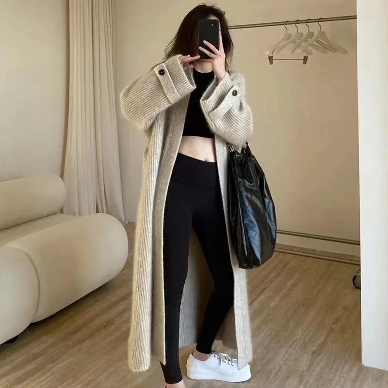 Women's V-Neck Knitted Cardigan Sweater Jacket - Soft, Skin-Friendly, Loose Fit, Knee-Length Lazy Style for Autumn thumbnail 2
