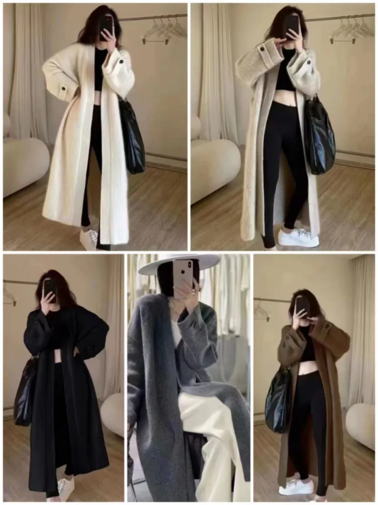 Women's V-Neck Knitted Cardigan Sweater Jacket - Soft, Skin-Friendly, Loose Fit, Knee-Length Lazy Style for Autumn thumbnail 6