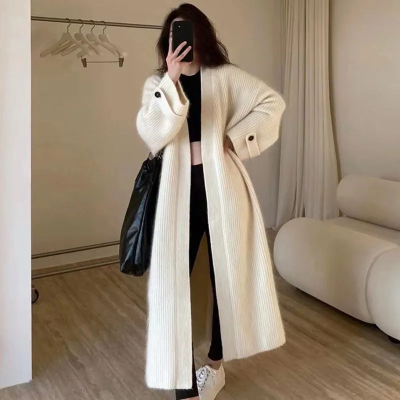 Women's V-Neck Knitted Cardigan Sweater Jacket - Soft, Skin-Friendly, Loose Fit, Knee-Length Lazy Style for Autumn thumbnail 1