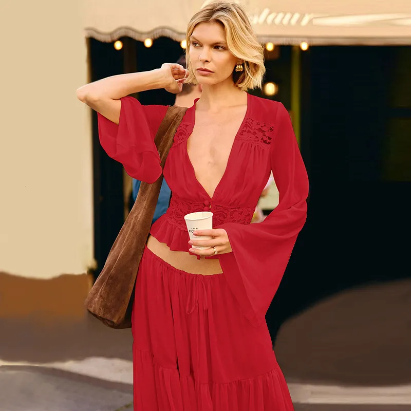 Women's Sexy Lace Chiffon Cardigan Top Loose See-Through Long Sleeve Blouse - Image 6