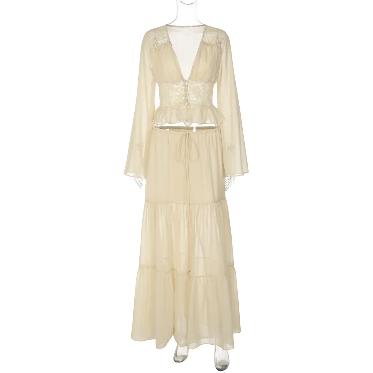 Women's Sexy Lace Chiffon Cardigan Top Loose See-Through Long Sleeve Blouse - Image 7