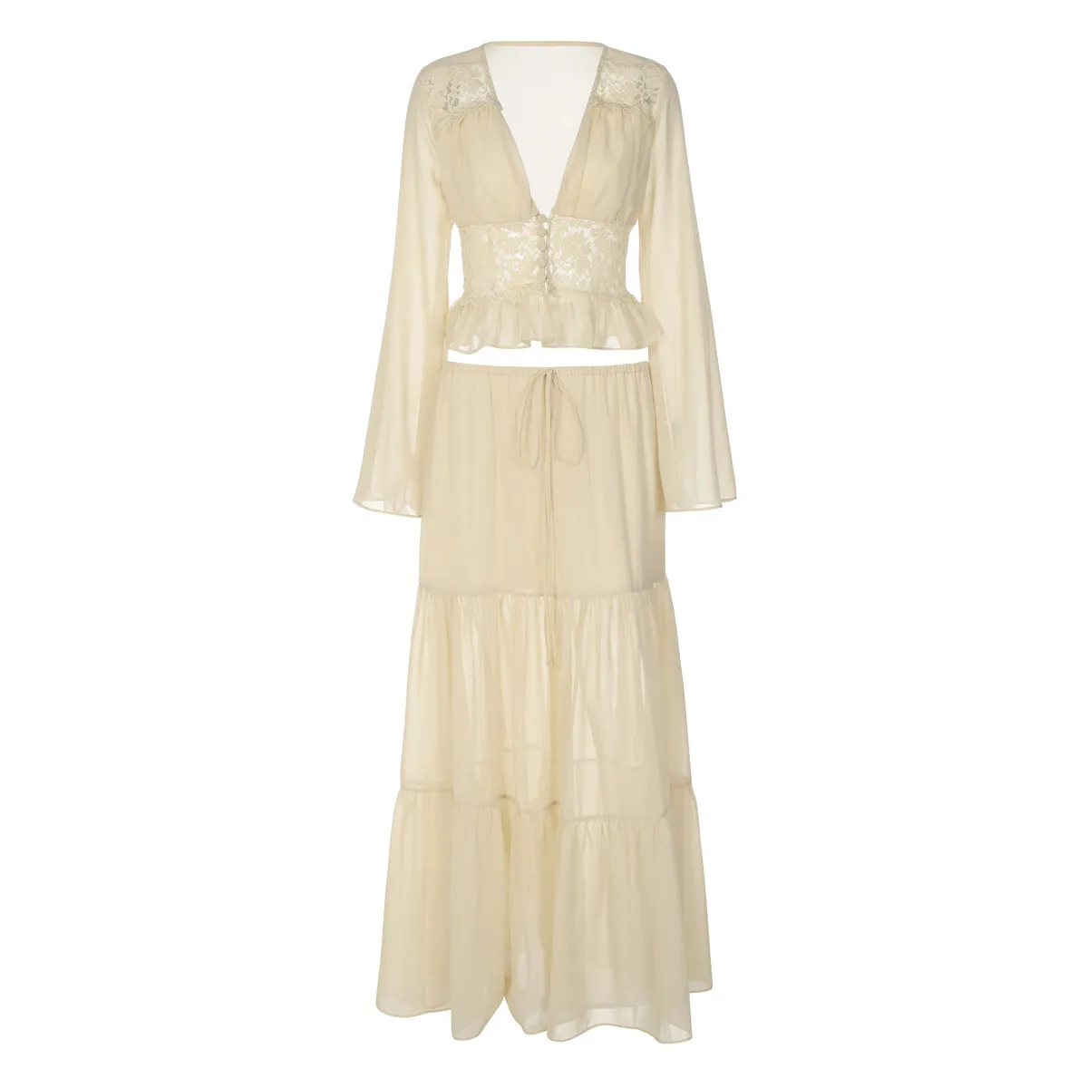 Women's Sexy Lace Chiffon Cardigan Top Loose See-Through Long Sleeve Blouse - Image 5