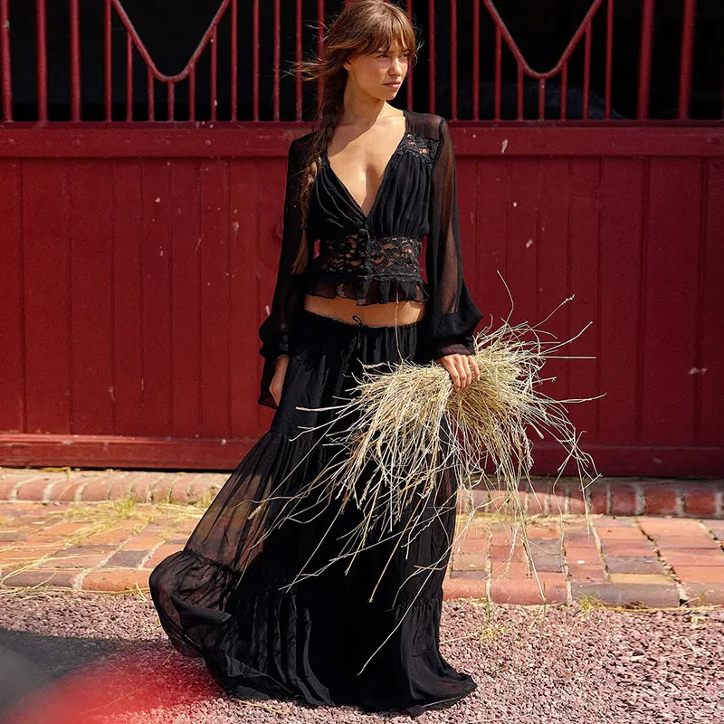 Women's Sexy Lace Chiffon Cardigan Top Loose See-Through Long Sleeve Blouse - Image 8