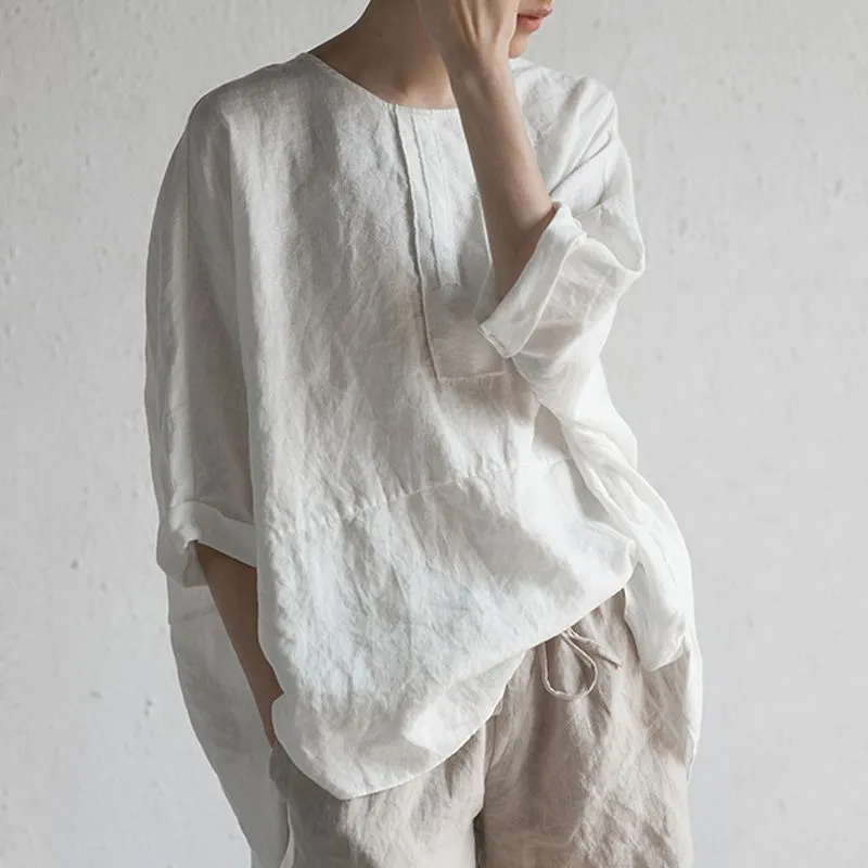 Japanese Style Cotton Linen T-Shirt for Men - Casual Loose Fit Round Neck Back Fork Three-Quarter Sleeve Pullover Top thumbnail 1
