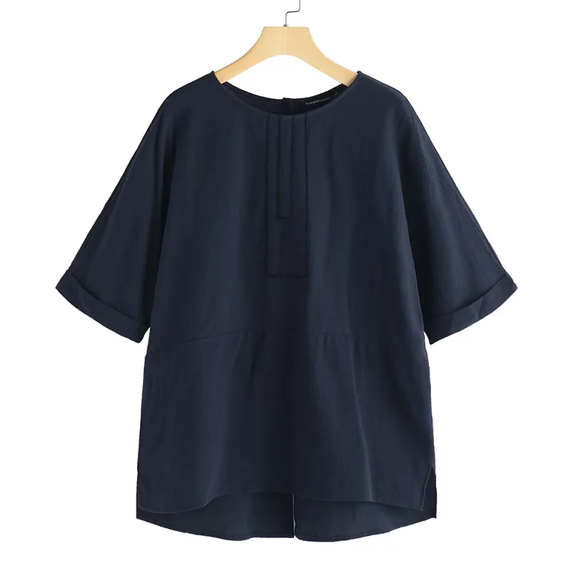Japanese Style Cotton Linen T-Shirt for Men - Casual Loose Fit Round Neck Back Fork Three-Quarter Sleeve Pullover Top thumbnail 5