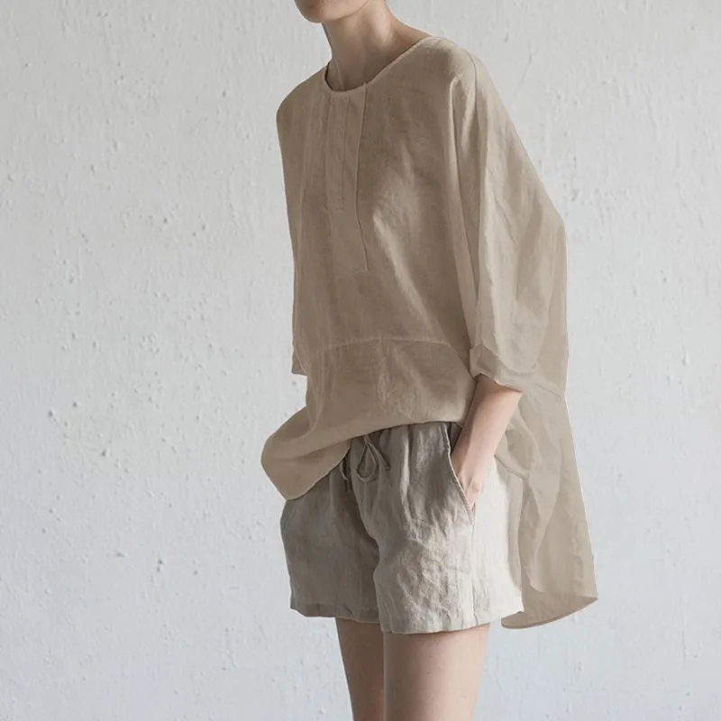 Japanese Style Cotton Linen T-Shirt for Men - Casual Loose Fit Round Neck Back Fork Three-Quarter Sleeve Pullover Top thumbnail 3