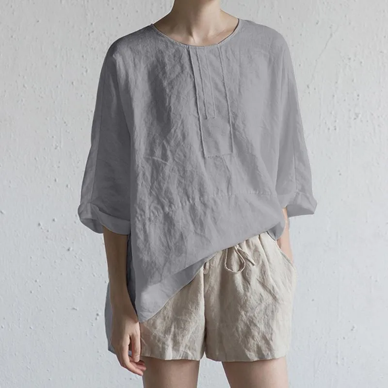 Japanese Style Cotton Linen T-Shirt for Men - Casual Loose Fit Round Neck Back Fork Three-Quarter Sleeve Pullover Top thumbnail 4
