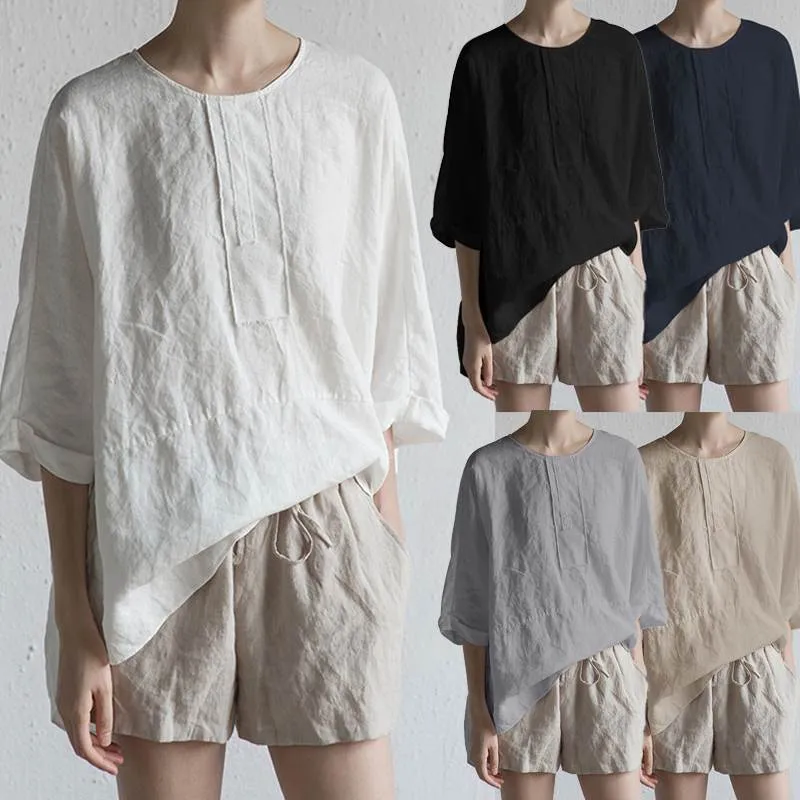 Japanese Style Cotton Linen T-Shirt for Men - Casual Loose Fit Round Neck Back Fork Three-Quarter Sleeve Pullover Top thumbnail 2