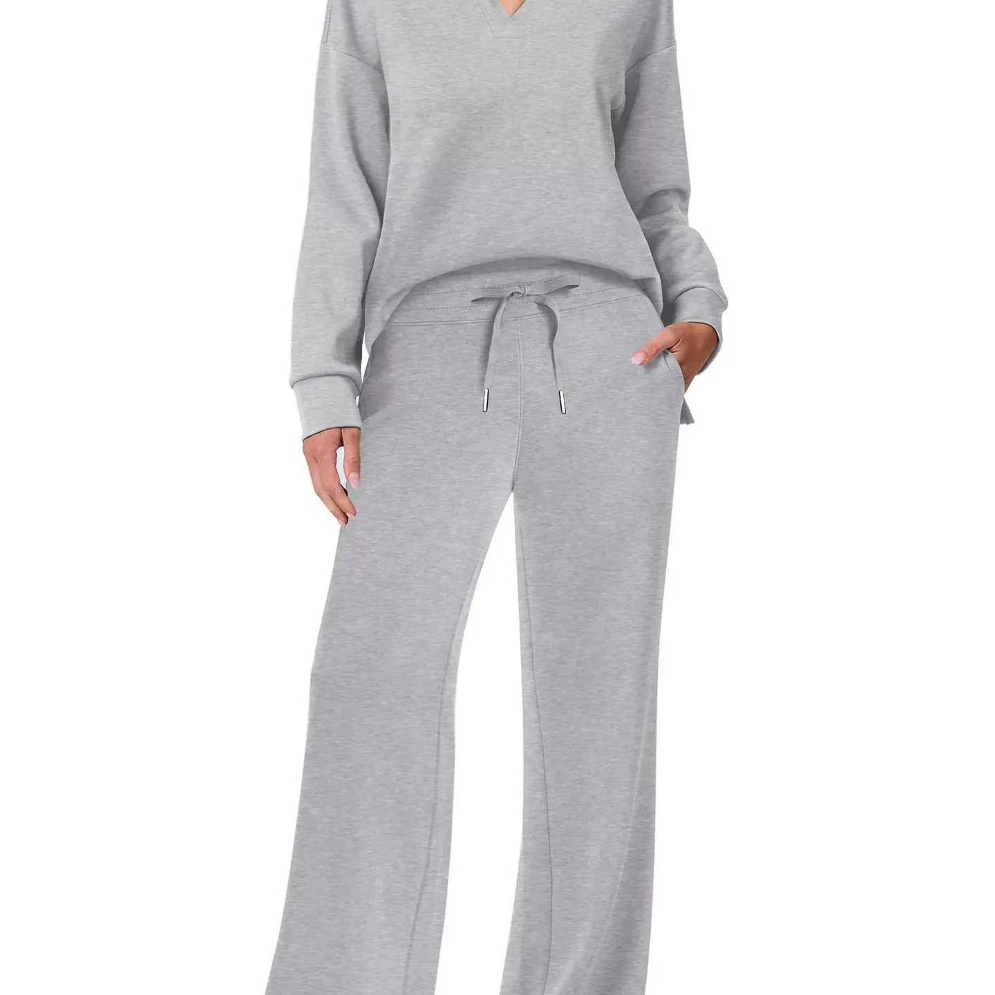 Women's Loose V-Neck Long Sleeve Top with Drawstring and Trumpet Leg Pants Set - Casual Fashionable Two-Piece Outfit thumbnail 4